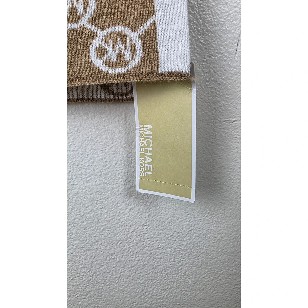 Michael Kors Knit Scarf Camel Cream Reversible MK Logo Monogram 62